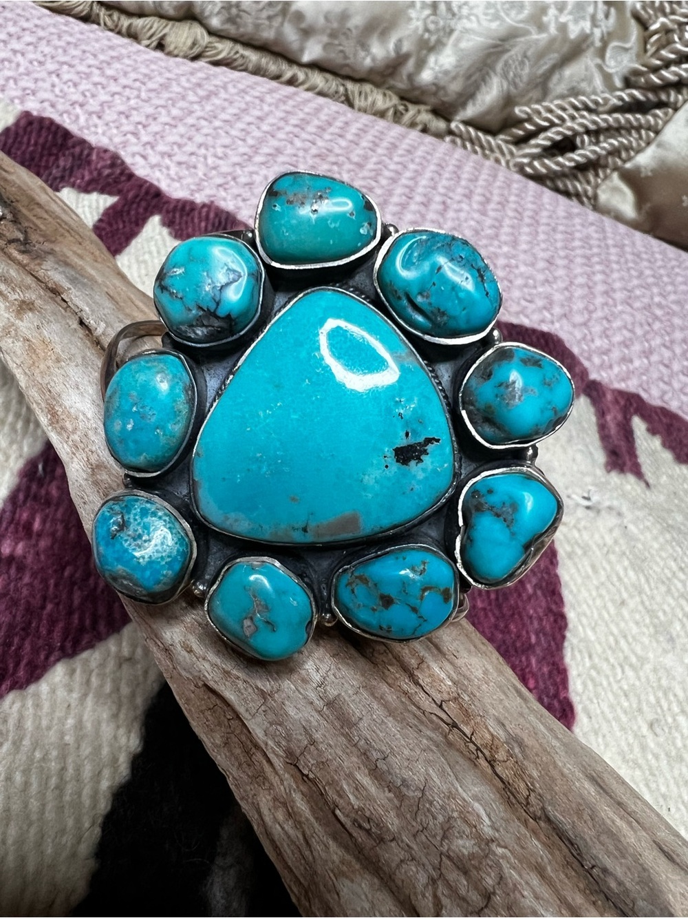 Genuine Turquoise Sterling Silver Large Cluster Cuff Bracelet Statement Unisex
